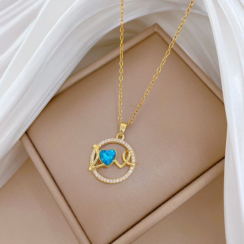 Minimalist Round Heart Love Pendant Necklace for Women Stainless Steel Snake Chain with Rhinestone Accents