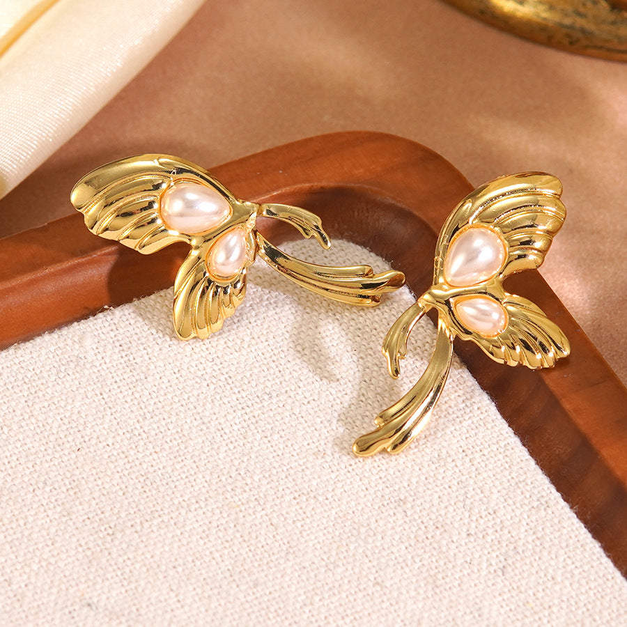 Vintage Butterfly Pearl Stamping Stainless Steel Tassel Earrings for Women