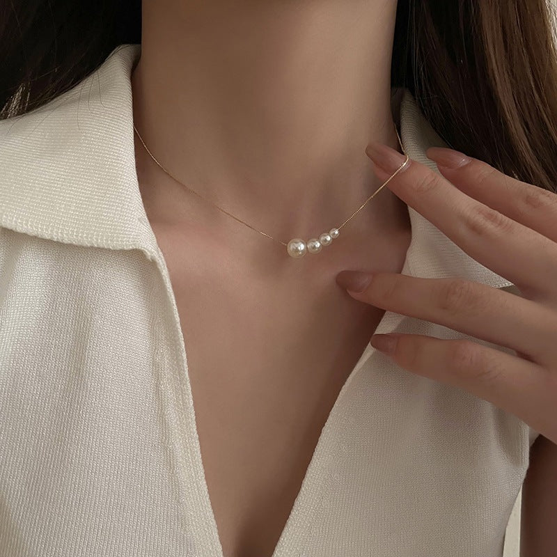 Asymmetrical Geometric Pearl Necklace for Women with Mother-of-Pearl Pendant on Box Chain, Minimalist Luxury Style Choker
