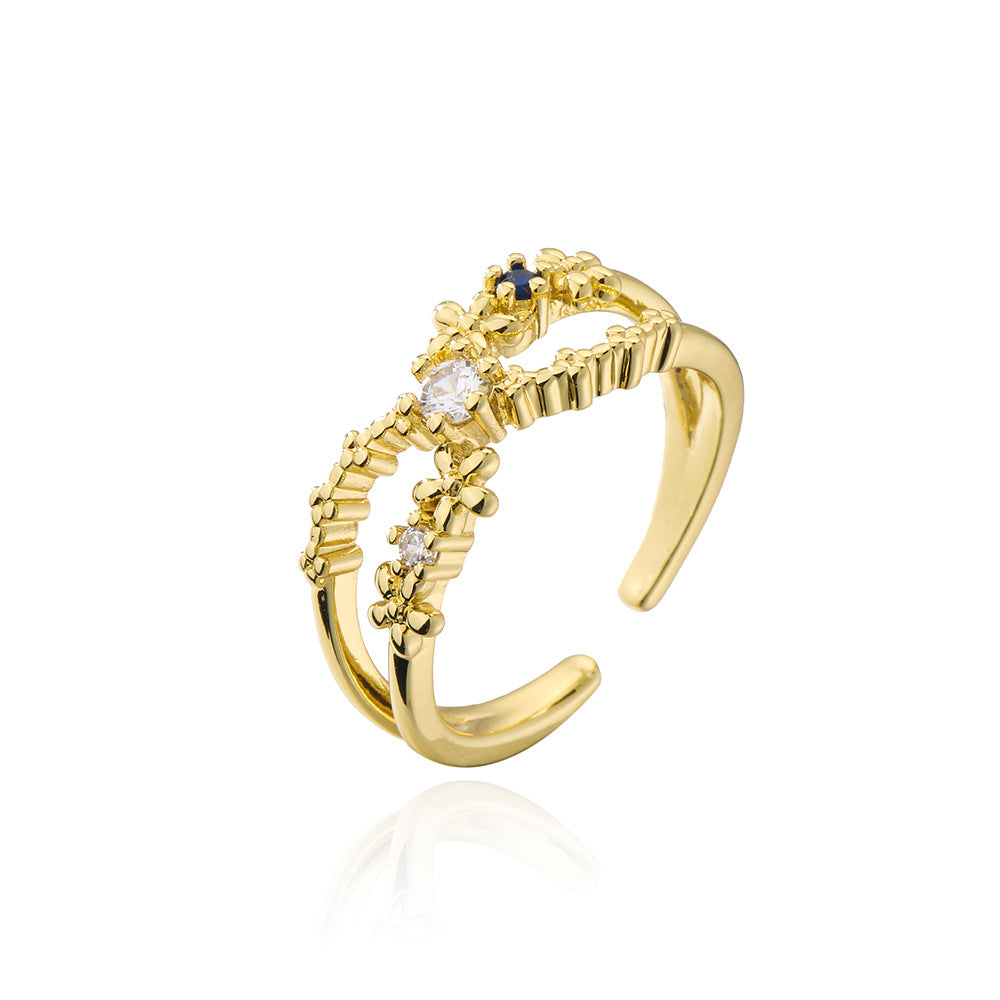 Anello Aperto Geometrico Minimalista da Donna in Rame con Placcatura in Oro Vero e Intarsi in Zircone
