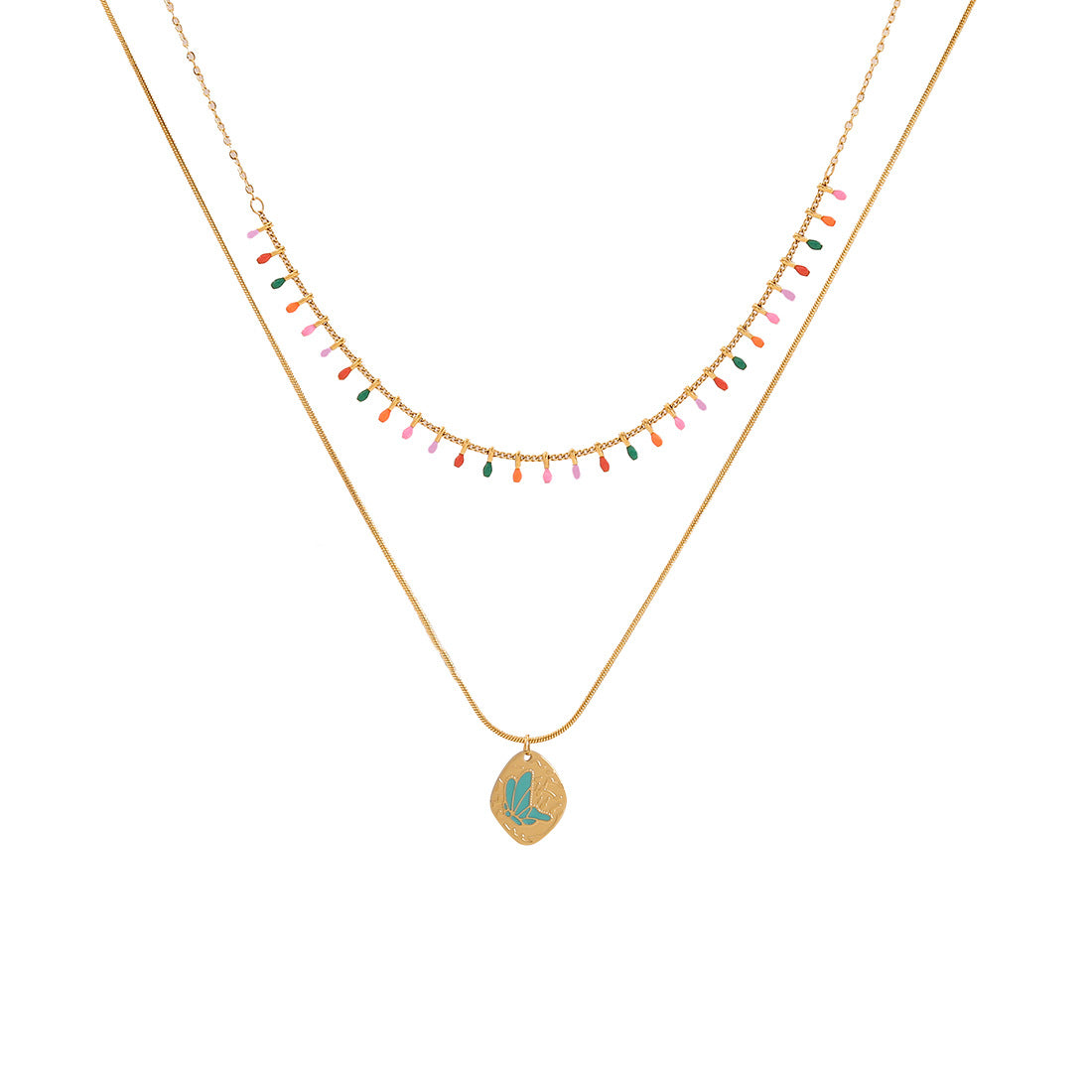 Fashionable Geometric Stainless Steel Double-Layer O-Chain Necklace with Enamel-Drop Pendant for Women