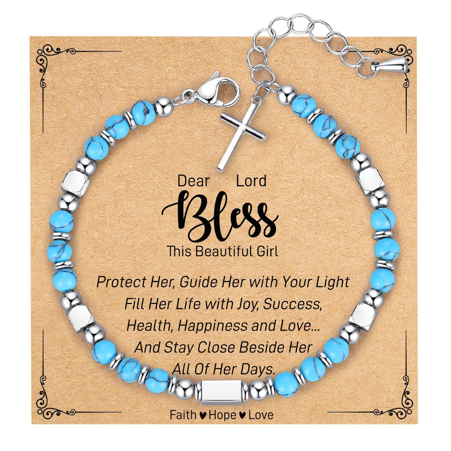 Minimalist Stainless Steel Square Bead Cross Pendant Turquoise Crystal Adjustable Bracelet