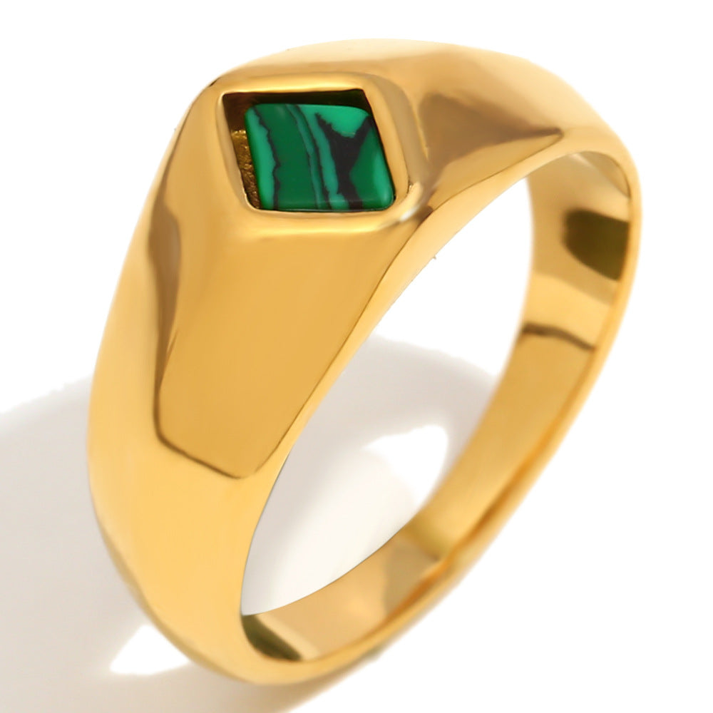 Minimalist Geometric Stainless Steel Plated 18K Gold Malachite Ring for Women