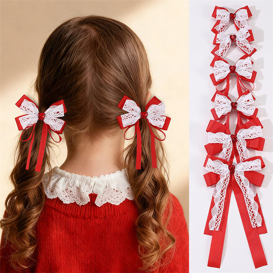 Sweet Cute Bow Hair Clip for Girls with Lace Ribbon and Ruffled Design, Plastic Resin Duckbill Hairpin in Princess Style
