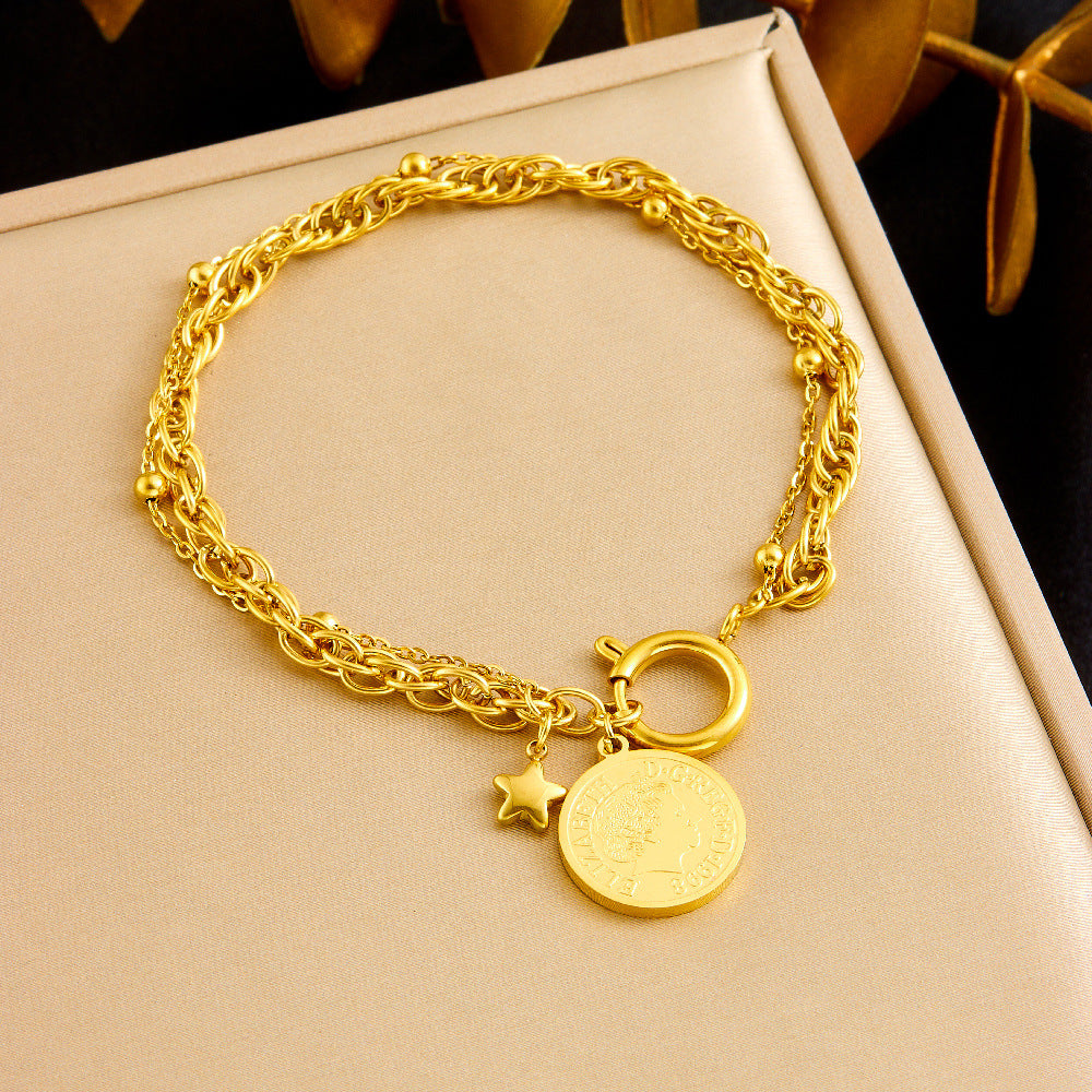 Vintage Gold Plated Stainless Steel Coin Round Star Pendant Tassel Jewelry Set with Box Chain