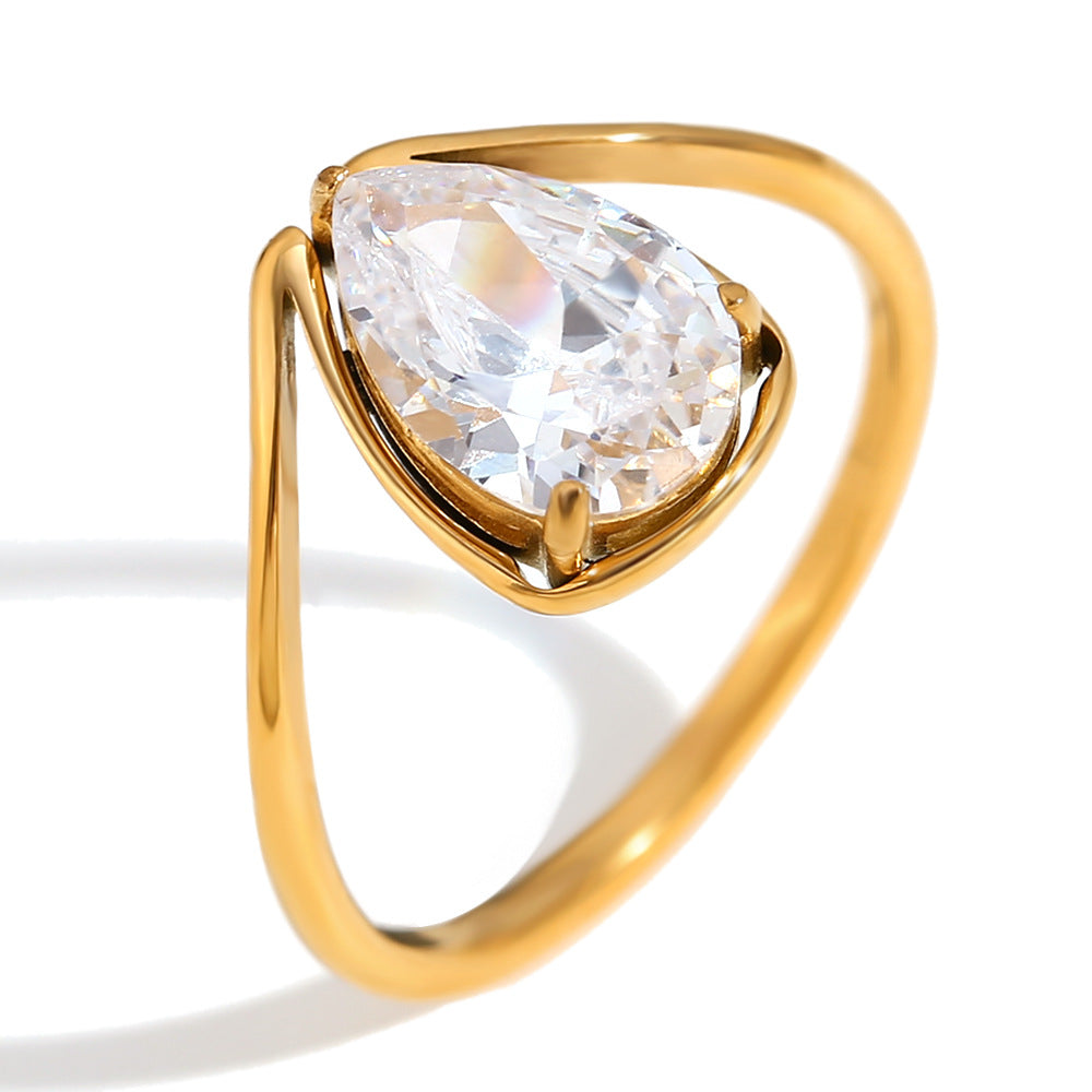 Minimalist Geometric Stainless Steel Ring with 18K Gold Plating and White Zirconia for Women
