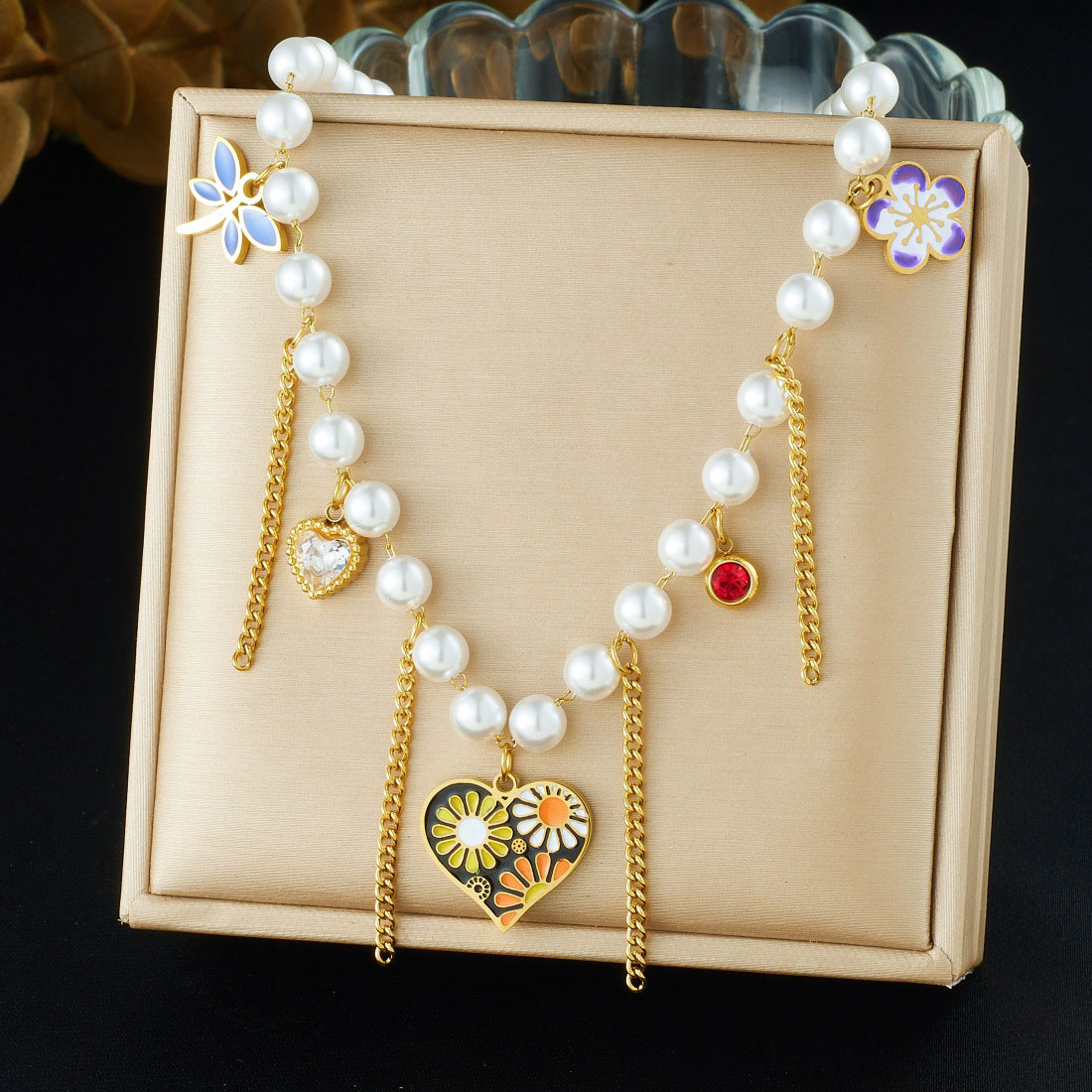 Casual Stainless Steel Plated Heart Butterfly Floral Pendant Ball Chain Necklace with Tassel and Faux Pearl