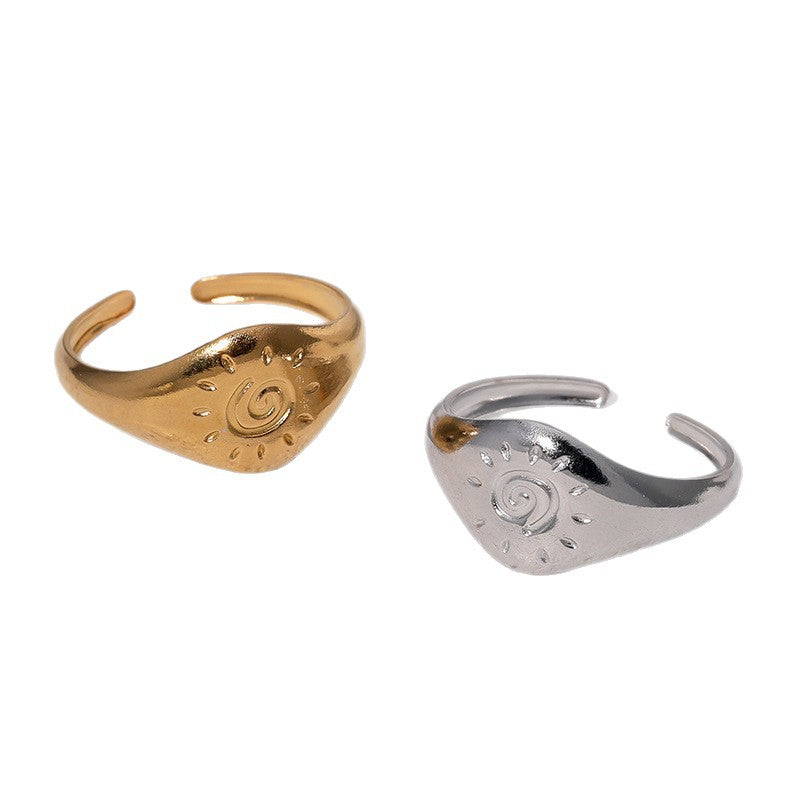 Minimalist Vintage Light Luxury 18K Gold Plated Stainless Steel Geometric Sun Symbol Open Ring for Women