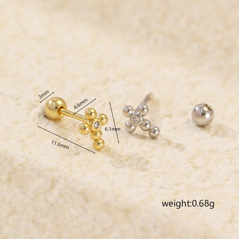 Sweet Punk 925 Sterling Silver Cross Plated Rhinestone Threaded Stud Earrings