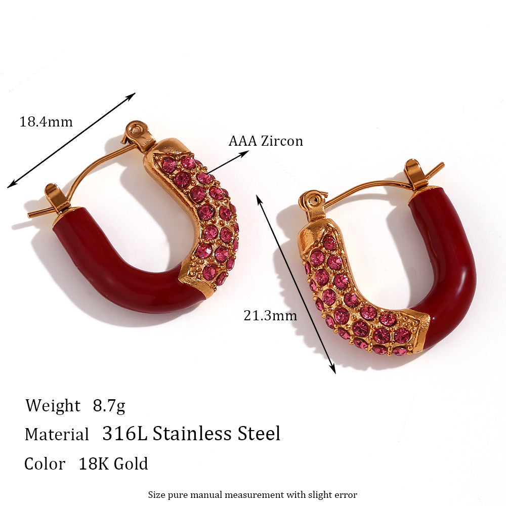 Fashionable Minimalist U-Shaped Stainless Steel Gold-Plated Ear Rings with Micro-Pave Zirconia and Enamel Finish for Women