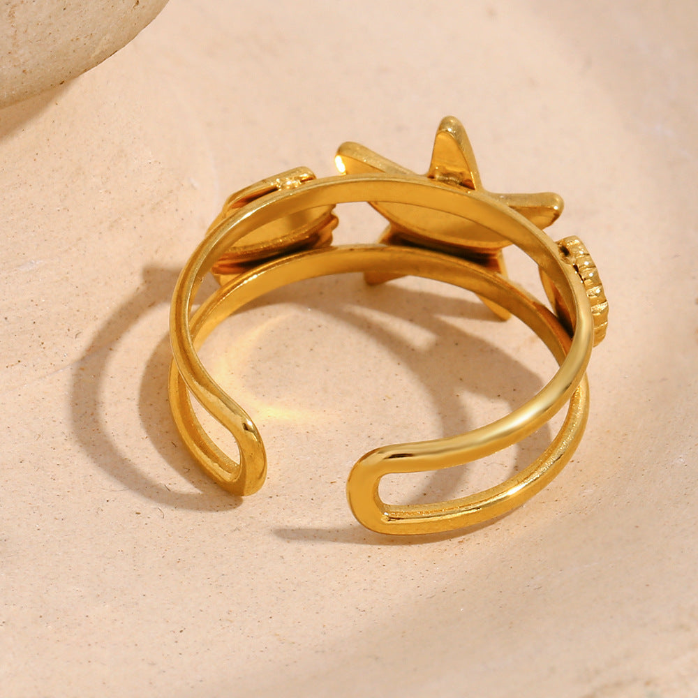 Anillo de Acero Inoxidable en Forma de Estrella con Baño de Oro de 18K para Mujer, Joyería Inspirada en el Océano con Motivos de Estrellas y Conchas