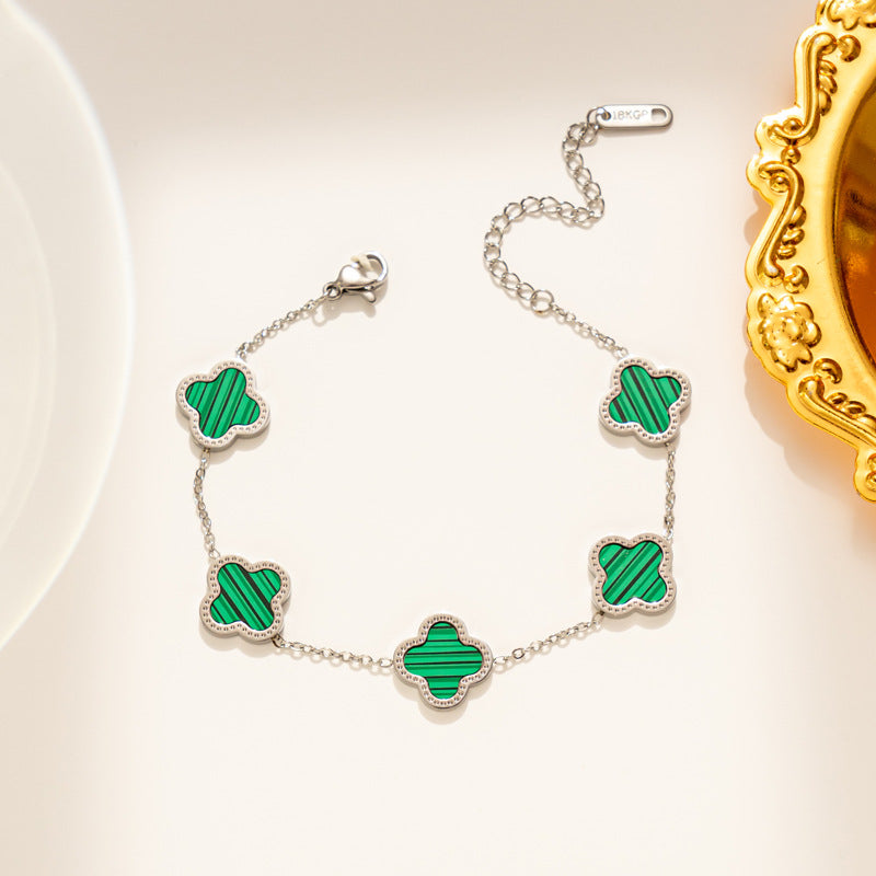 Bracciale in Acciaio al Titanio con Trifoglio a Quattro Foglie Geometrico Leggero di Lusso Placcato Oro Rosa 18K