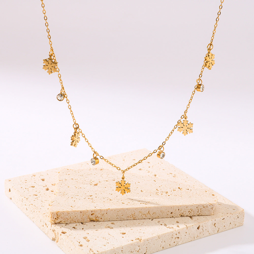 Minimalist Snowflake Pendant Necklace in Stainless Steel with 18K Gold Plating for Women