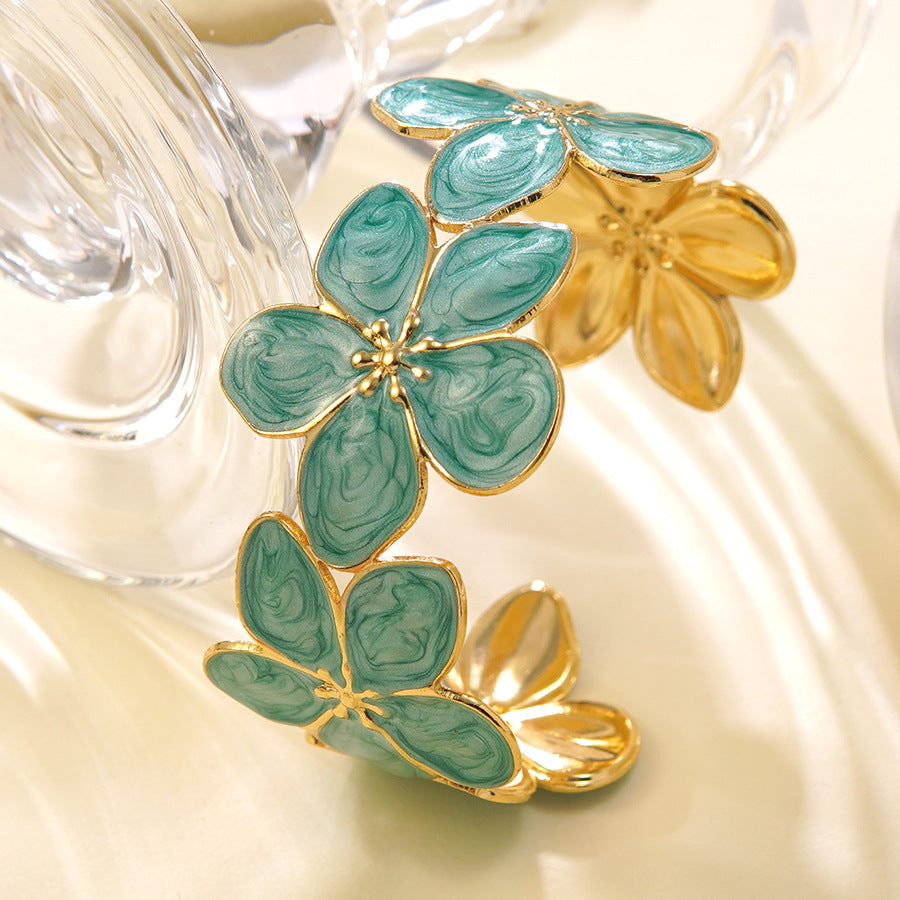Geometric Floral Drip Oil Stainless Steel Open Cuff Bracelet for Women
