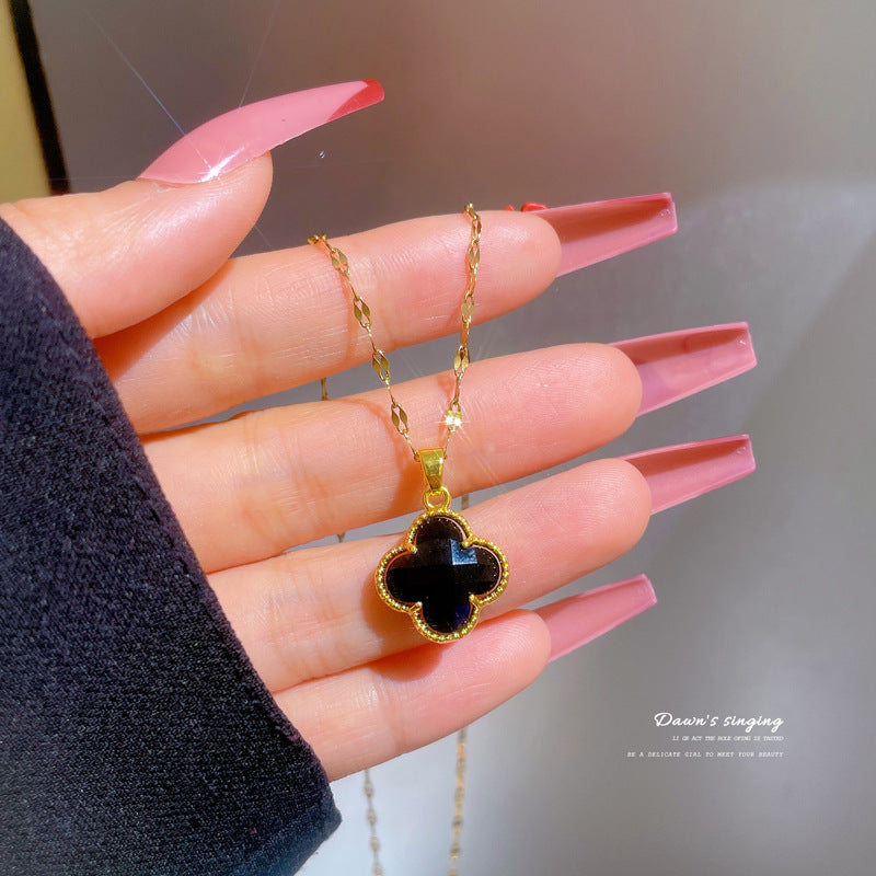 Collar de cadena de acero de titanio con incrustaciones de diamantes de imitación para mujer, estilo minimalista de lujo, con diseño geométrico floral