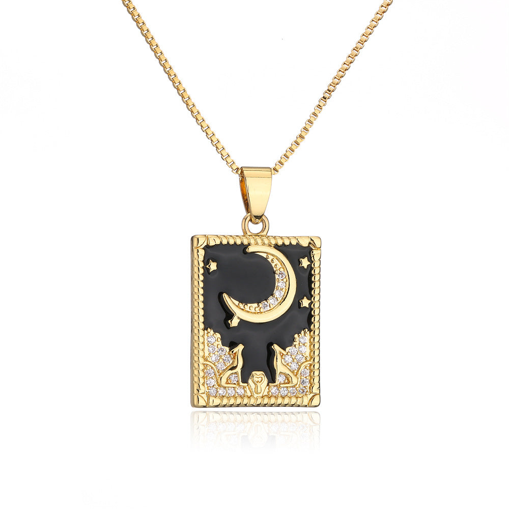 Retro-Style Geometric Oil-Dipped Zircon Oil Painting Pendant Necklace for Women in Copper with 18K Gold Plating