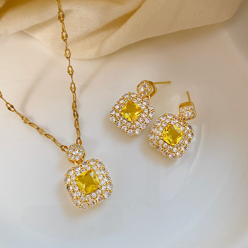 Sweet Minimalist Micro-set Cubic Zirconia Square Geometric Titanium Steel Pendant Necklace Earring Set