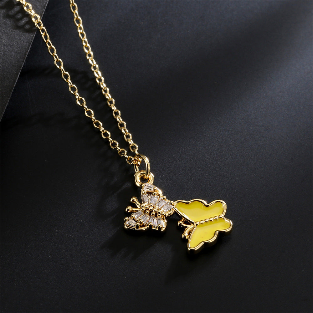 Gold Plated Brass Geometric Butterfly Pendant Necklace with Cubic Zirconia Inlay for Women