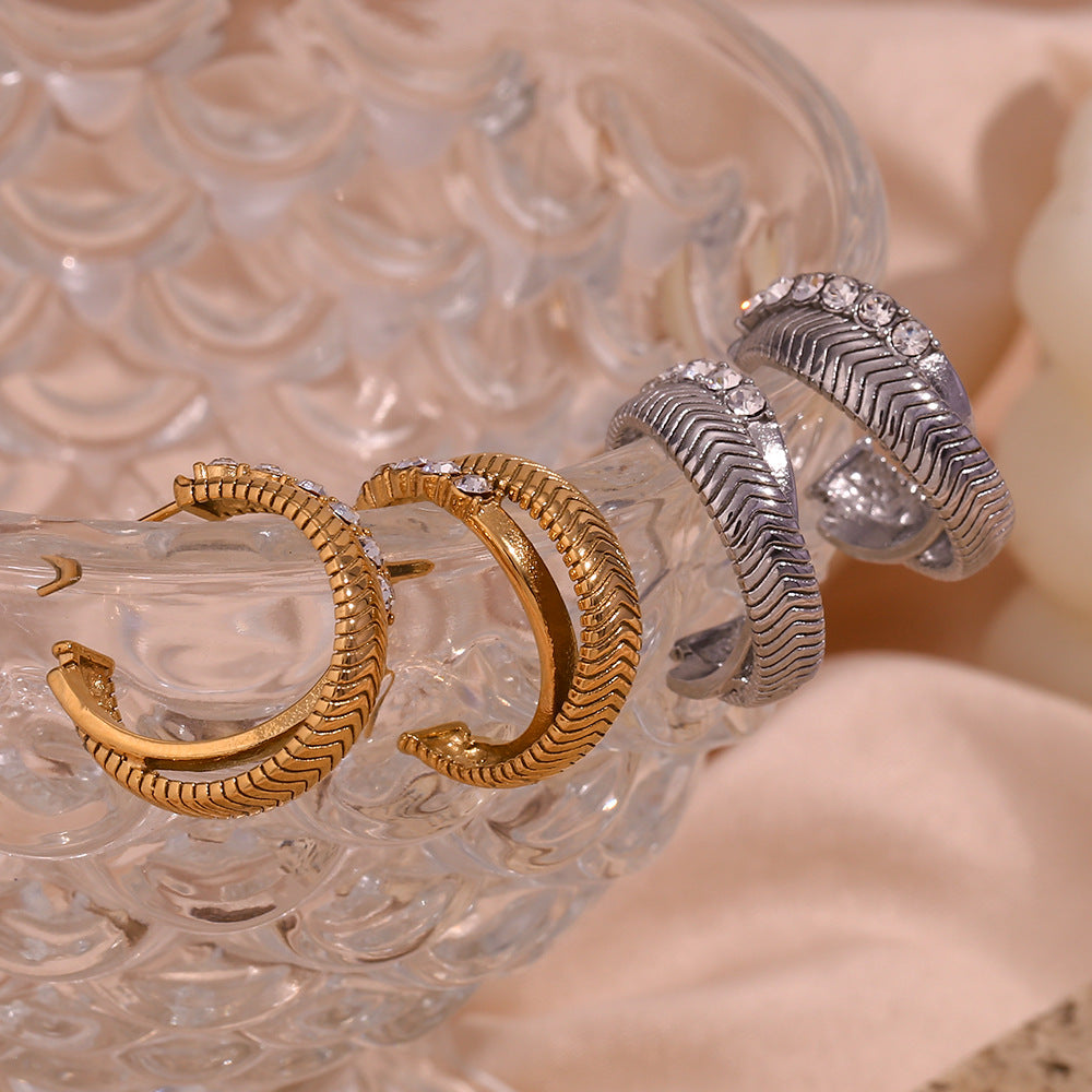Fashionable Geometric Stainless Steel Earrings with 18K Gold Plating and Micro-Pave Crossed Fishbone Texture