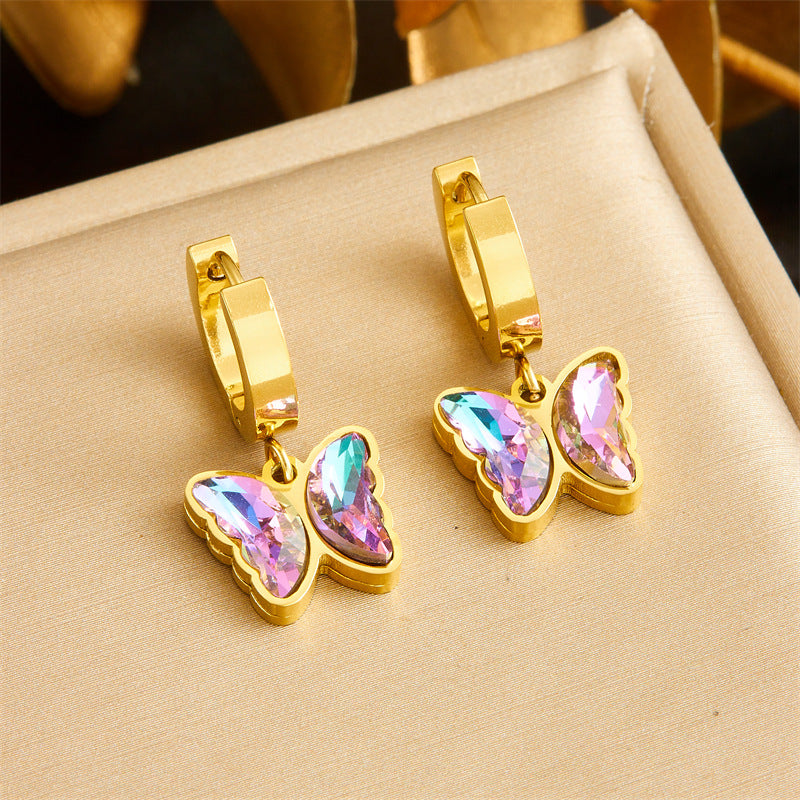 Fashion Plated Stainless Steel Butterfly Rhinestone Necklace and Earrings Set for Women