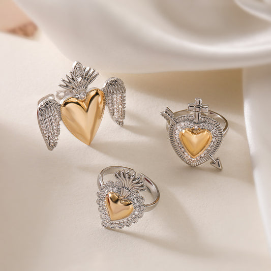 Anillo minimalista de cobre con forma de corazón para mujer, chapado en dos tonos y detalles de micro-pavé