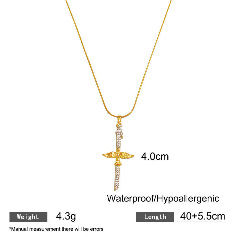Full Rhinestone Cross Pendant Titanium Steel Necklace with Snake Chain for Unisex