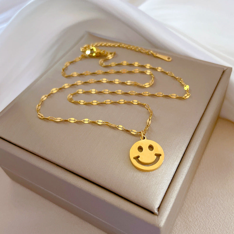 Minimalist Geometric Smiley Face Pendant Necklace for Women in Titanium Steel with Gold Plating