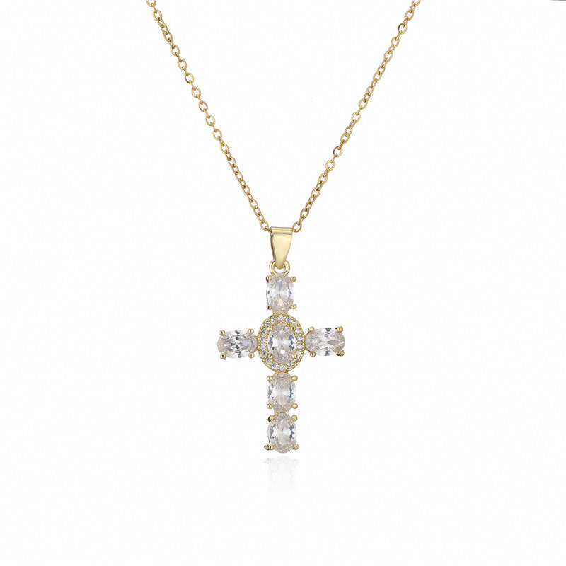 Minimalist Geometric Cross Brass Inlaid Cubic Zirconia Pendant Necklace with Cable Chain for Women