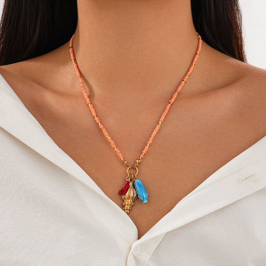Collana Minimalista con Conchiglia e Pesce Ispirata all'Oceano con Ciondolo Occhio Mano di Buddha in Lega e Acrilico con Finitura Placcata per Donna