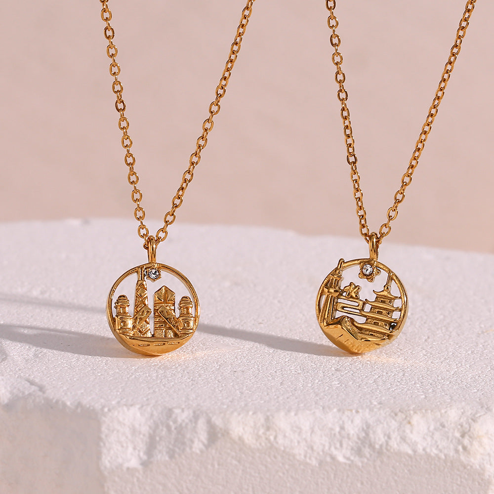 Collana con ciondolo geometrico rotondo minimalista da donna in acciaio inossidabile con finitura placcata