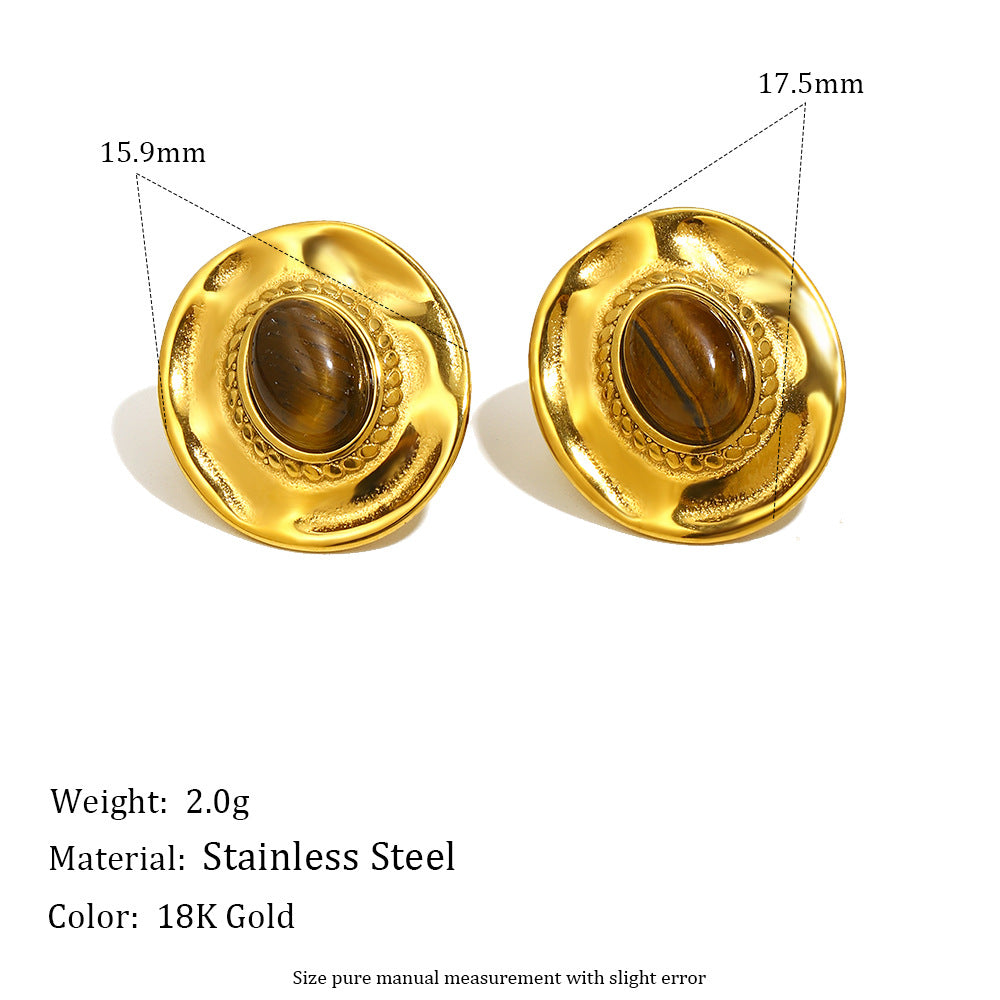Minimalist Oval Tiger Eye Cross Necklace in Stainless Steel with 18K Gold Plating for Women