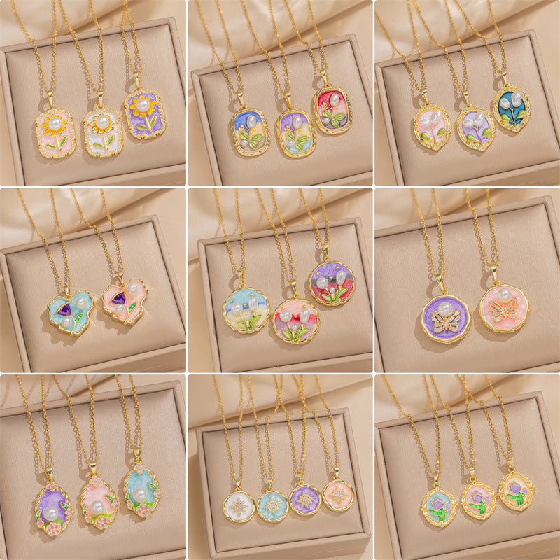 Baroque Style Leaf-Shaped Titanium Steel Necklace with Tulip Floral Motif, Vacuum-Plated for Hypoallergenic Wear, O-Chain Design