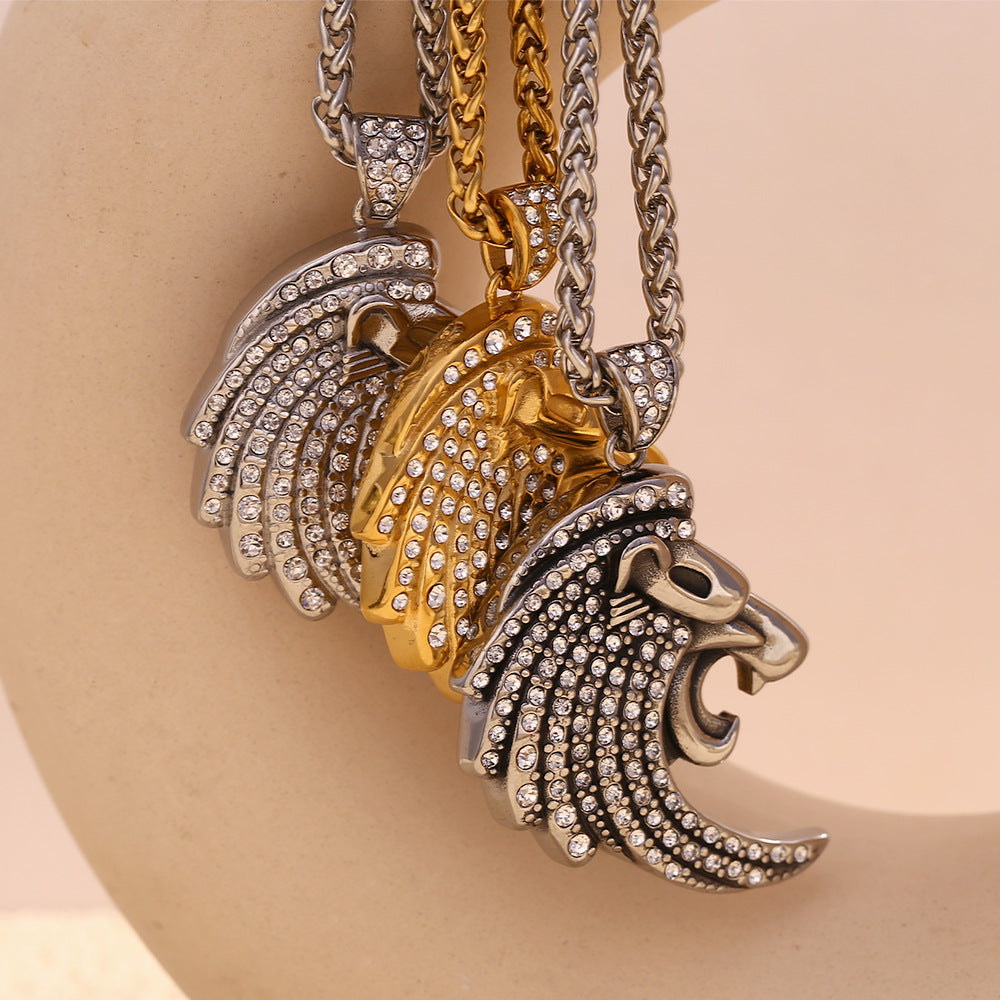 Hip Hop Style Lion Pendant Necklace for Men Stainless Steel with 18K Gold Plating and Full Rhinestone Accents on Standard Chain