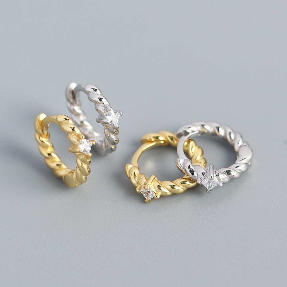 Minimalist Geometric S925 Sterling Silver Stud Earrings with Cubic Zirconia Inlay
