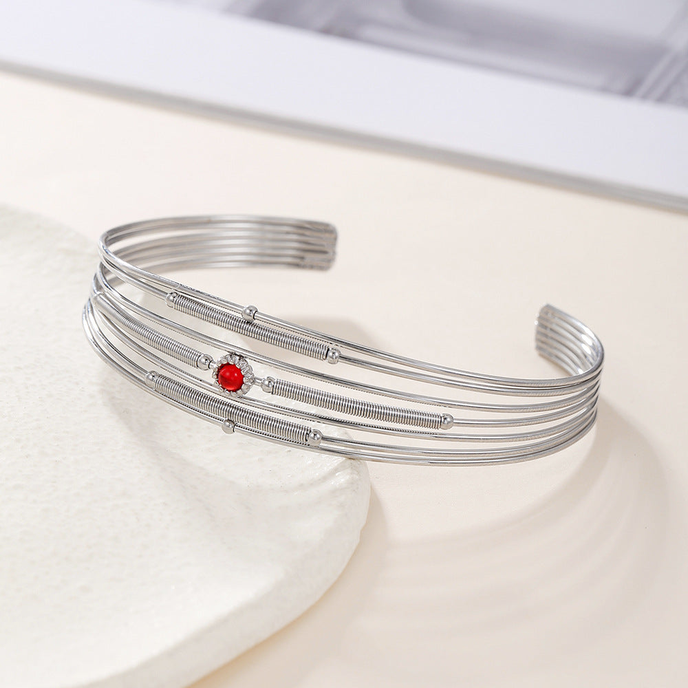 Geometric Round Polished Plated Stainless Steel Titanium Steel Rhinestone Wide Open Cuff Bracelet