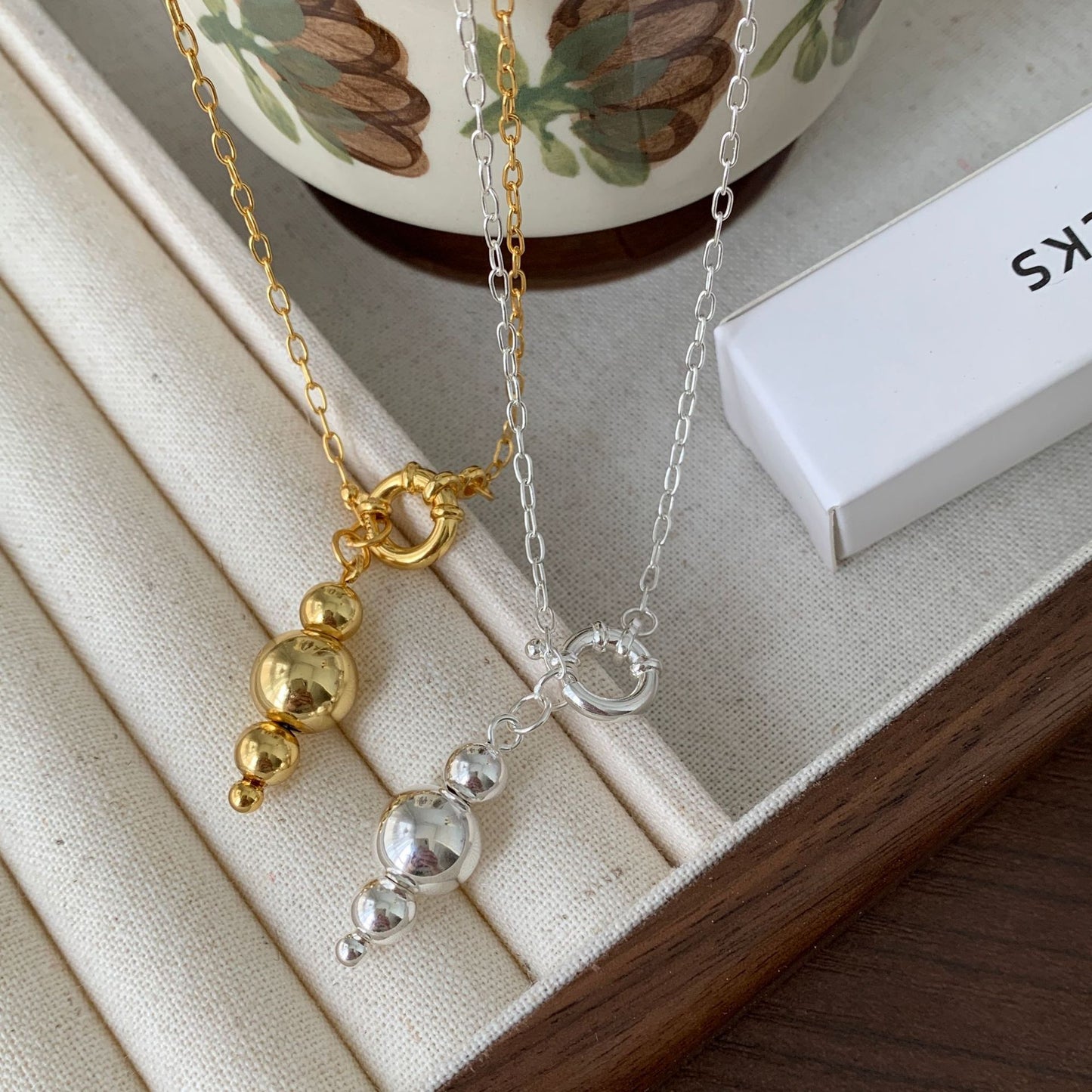 Minimalist Geometric Beaded Necklace in 925 Sterling Silver with Gold Plating and Rainbow Accents on Snake Chain