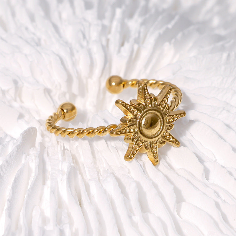 Fashionable Sun-Shaped Open-Ended Stainless Steel Ring for Women with Plated Finish