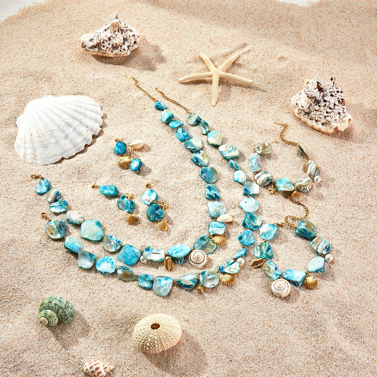 Fashionable Ocean-Themed Stainless Steel Plated Clavicle Necklace Set with Starfish and Coral Motifs for Women