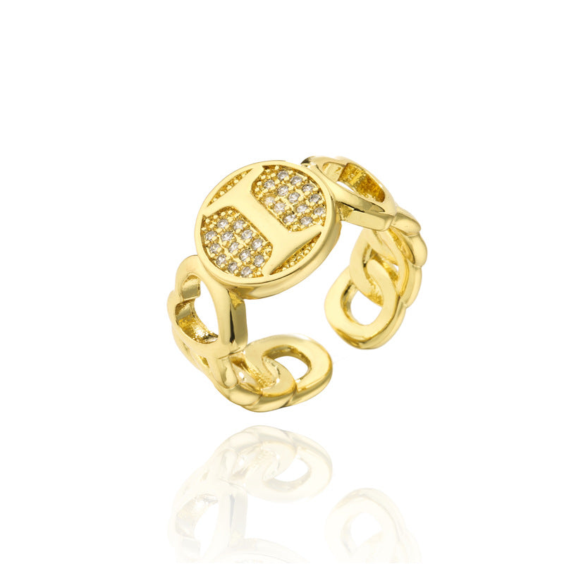 18K Gold Plated Brass Micro-Paved Cubic Zirconia Heart Letter Cuban Link Chain Open Ring for Women