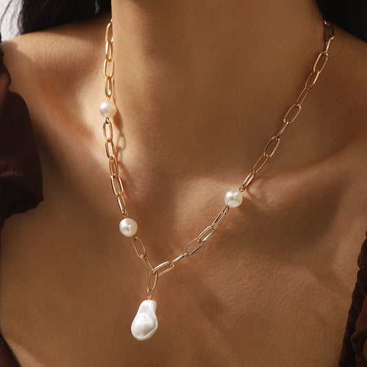 Minimalist Geometric Pendant Necklace with Alloy Base and Imitation Pearl Inlay Plated Titanium Steel Clavicle Chain for Women
