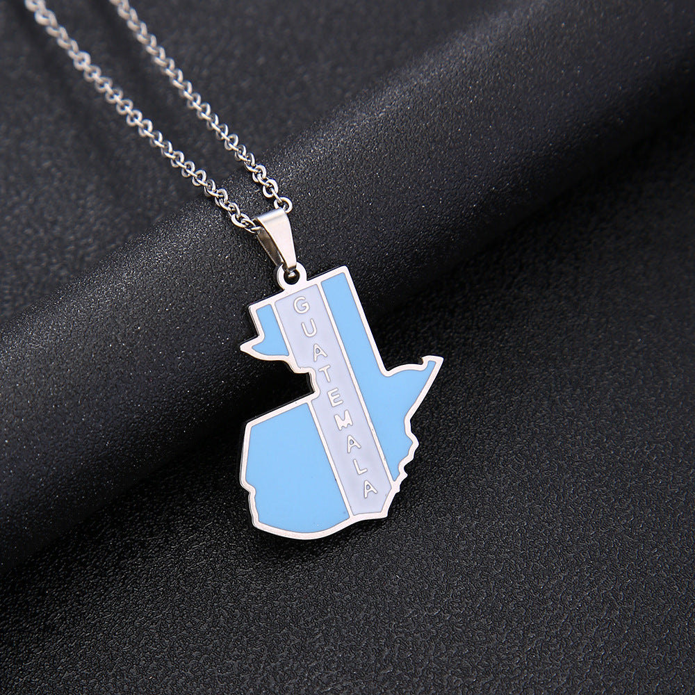 Collana con Pendente Vintage a Mappa del Guatemala in Smalto, Acciaio Inossidabile e Titanio con Catena a O Unisex
