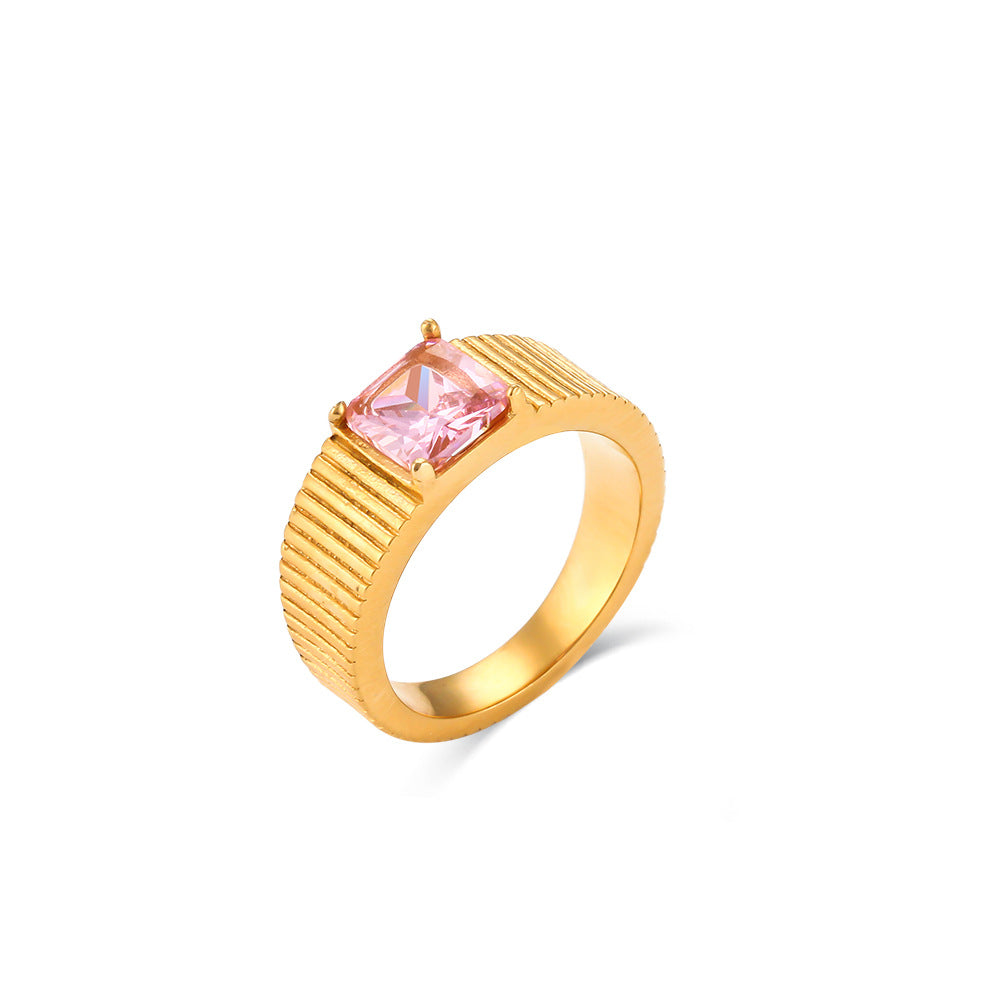 Fashionable Geometric Stainless Steel Ring for Women with Side Stripe Engraving and White Pink Green Rhinestone Accents