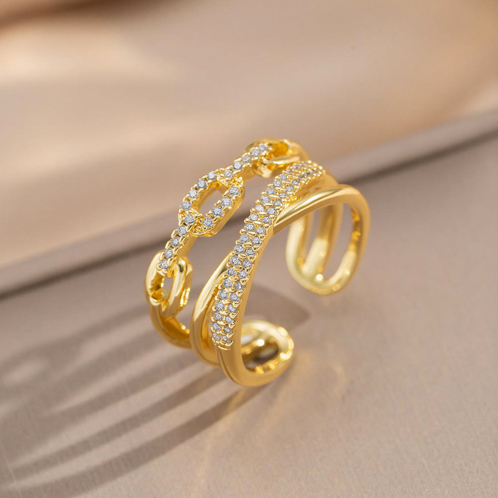 Anillo abierto ajustable chapado en oro de 18 quilates con incrustaciones de circonitas y diseño geométrico de lujo ligero clásico para mujer