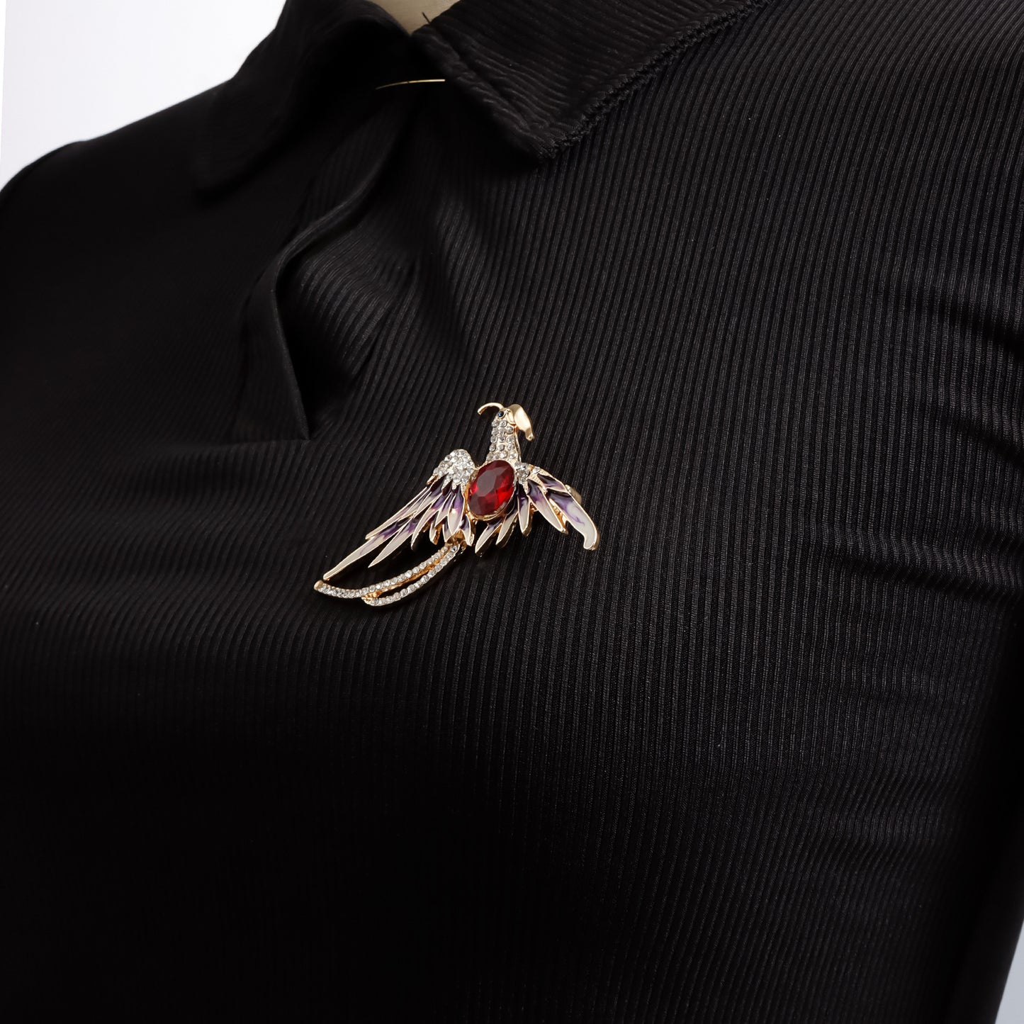 Broche de aleación geométrico estilo OL de moda con incrustaciones de esmalte y pedrería, diseño de pájaro rubí rojo para mujer