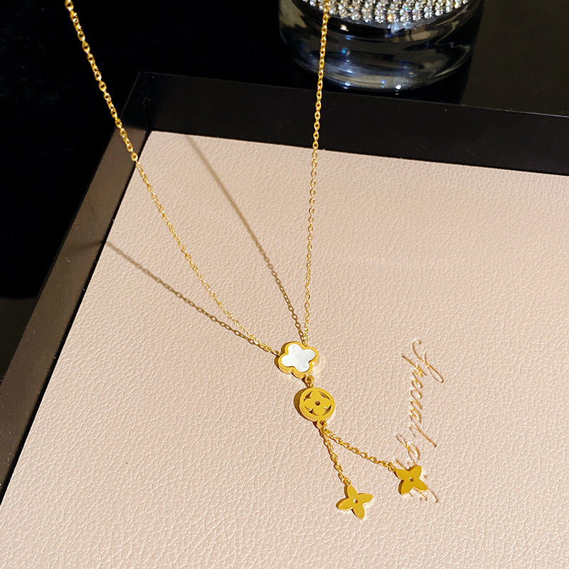 Minimalist Sweet Heart Floral Polished Gold Plated Titanium Steel Necklace with Tassel and White Shell