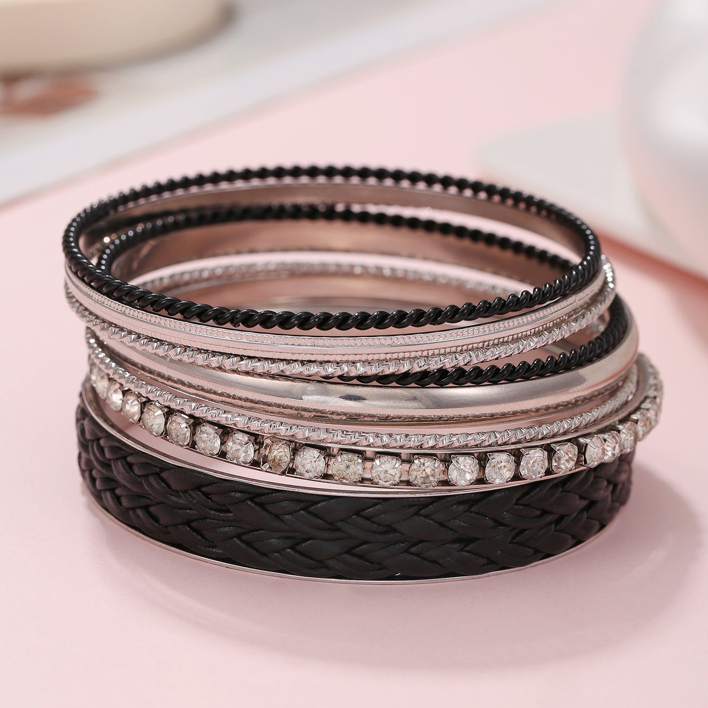 Vintage Bohemian Minimalist Geometric Round Alloy Plated Rhinestone Bracelet Set