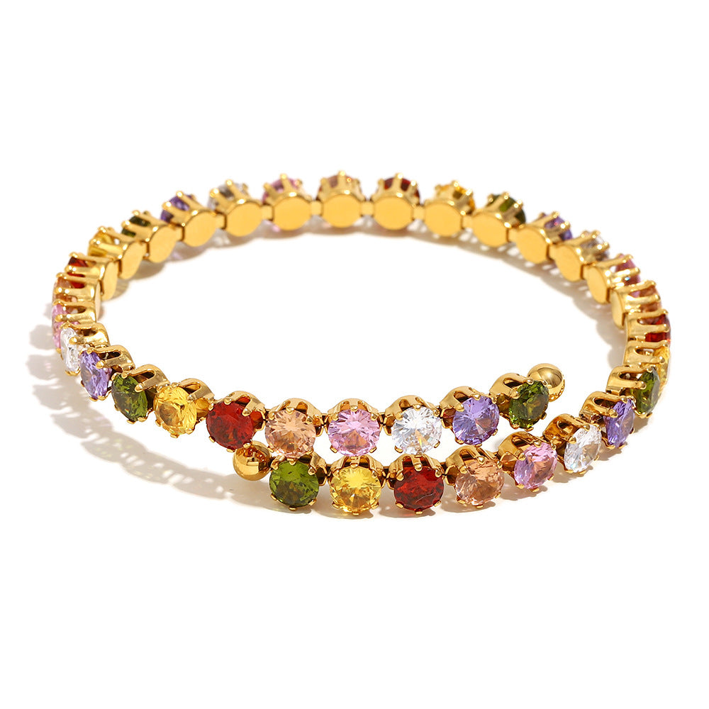 Bracciale Minimalista Geometrico in Acciaio Inossidabile con Placcatura in Oro 18K e Accenti Colorati di Zirconi Cubici