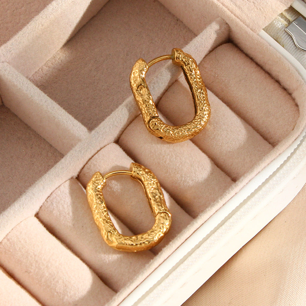 Vintage-Inspired Geometric Stainless Steel Hoop Earrings with Distressed Texture and Polished Finish for Women