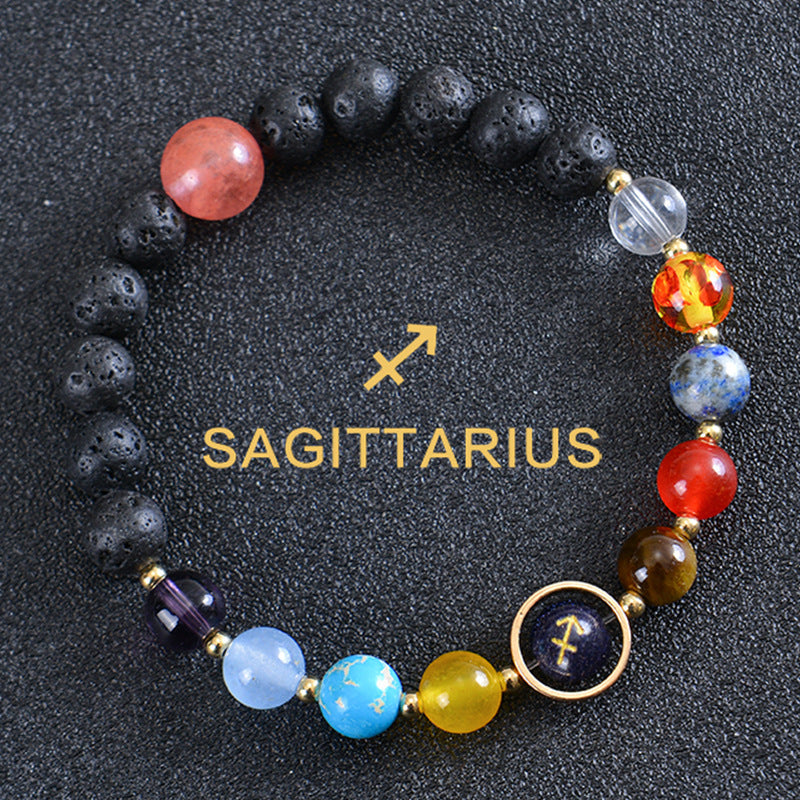 Unisex Zodiac Blue Sandstone Volcanic Stone Crystal Beaded Bracelet