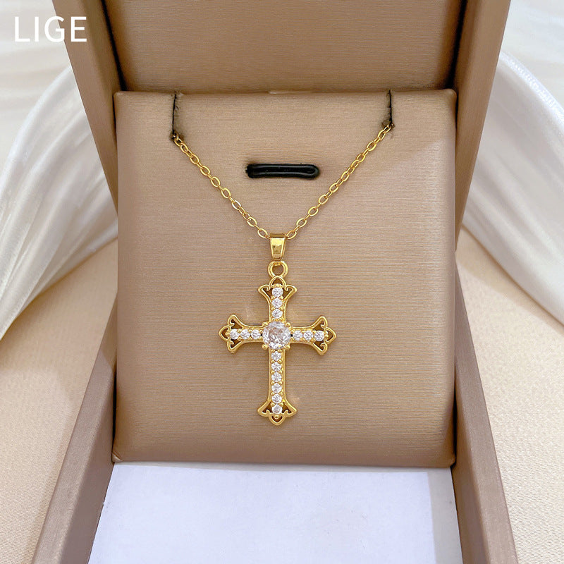 Minimalist Cross Pendant Necklace in Titanium Steel with Rhinestone Inlay for Women and Unisex, Delicate Clavicle Chain